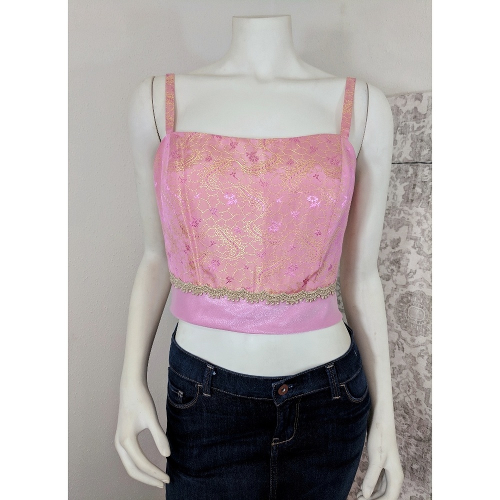 Vintage Y2K Barbiecore Style Peach Pink Satin Gold Brocade Corset Crop Top sz 8